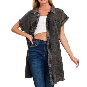 Women's Ash Black Acid Washed Button Down Shirt Dress NWT